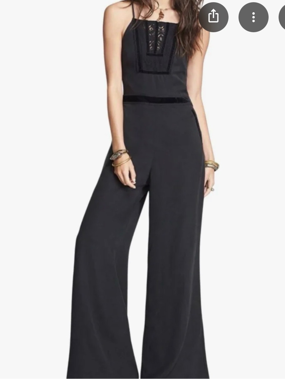 Free People Tuxedo Black Wash Wide-Leg Lace-Panel Velvet Trim Jumpsuit